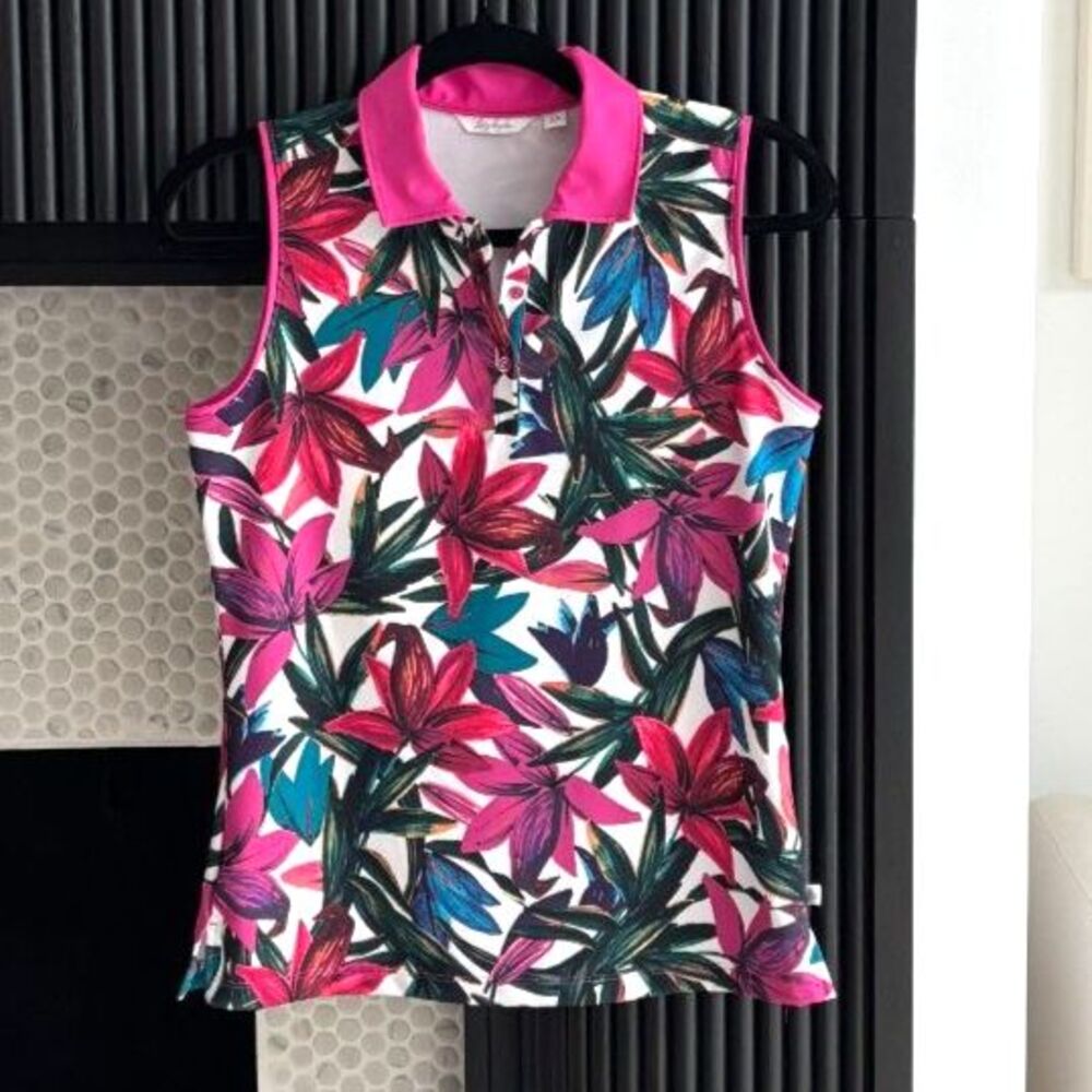 Lady Hagen Tropical Palm Leaf Sleeveless Golf Polo - XS